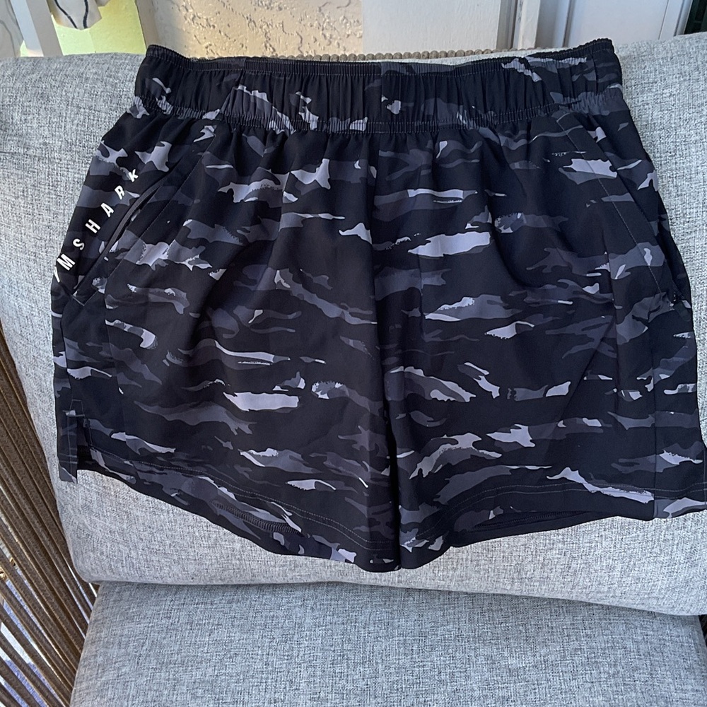 Gymshark Black and Gray Camo Athletic Shorts, Size S